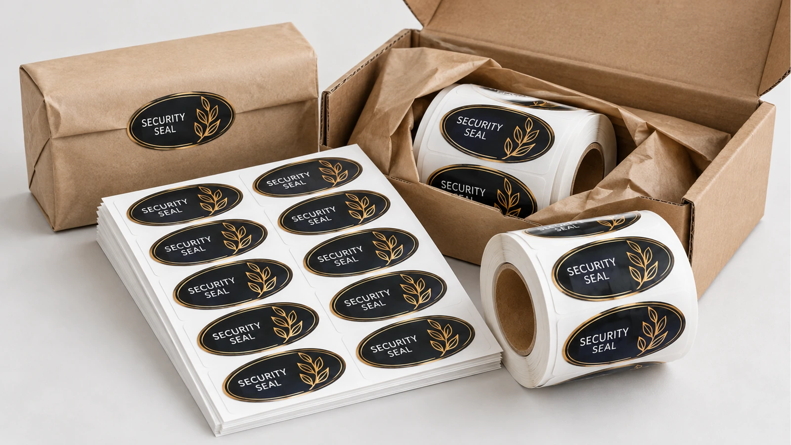 Folhas e rolos de etiquetas de segurança dispostos ao lado de embalagem de proteção e de uma caixa de papelão Folhas e rolos de etiquetas de segurança dispostos ao lado de embalagem de proteção e de uma caixa de papelão