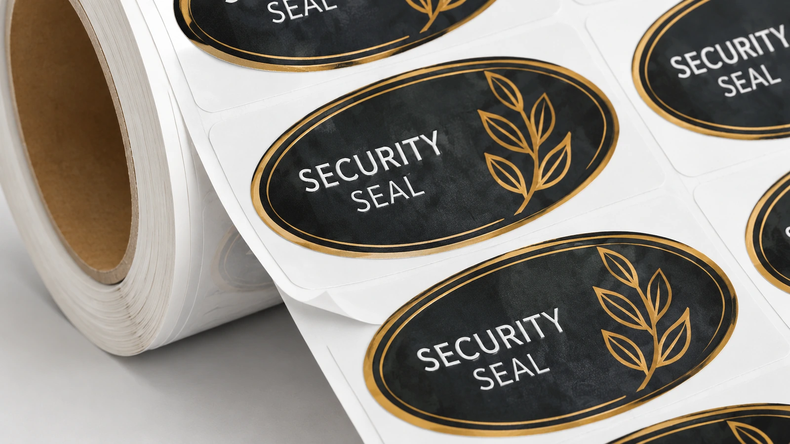 Close-up de etiquetas de segurança ovais preto e dourado sobre um papel de suporte branco Close-up de etiquetas de segurança ovais preto e dourado sobre um papel de suporte branco