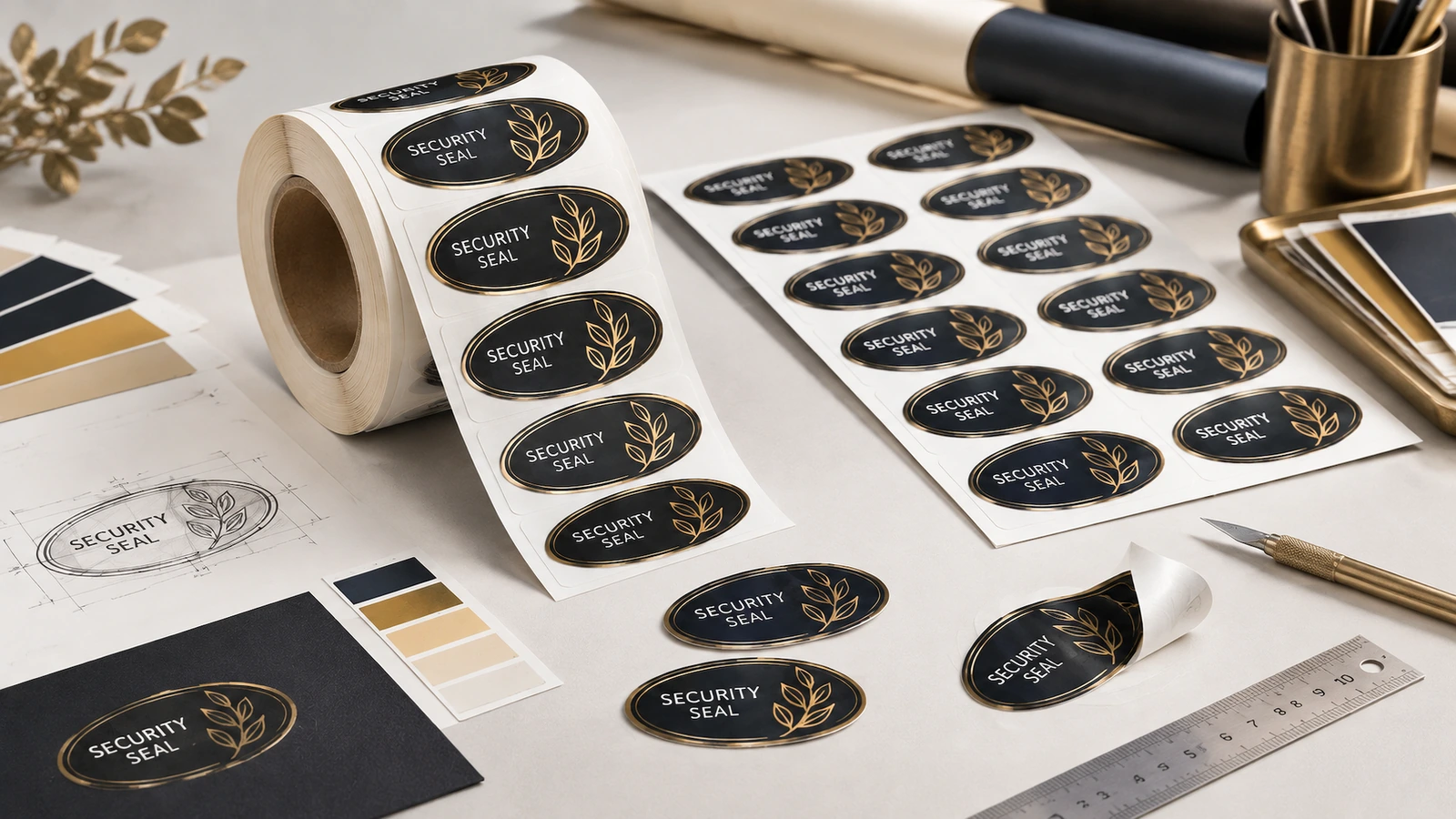 Amostras de etiquetas de segurança ovais preto e dourado em rolo e em folha, ao lado de arte e amostras de cor Amostras de etiquetas de segurança ovais preto e dourado em rolo e em folha, ao lado de arte e amostras de cor