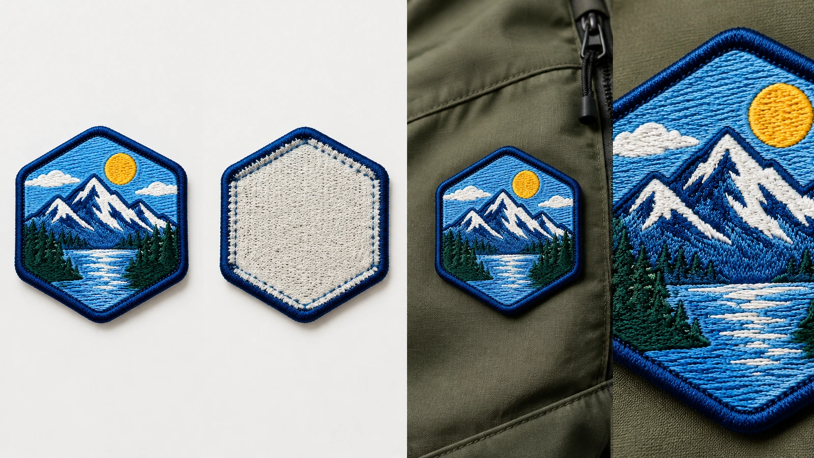 Frente e verso do patch e colagem com peça de vestuário Colagem mostrando a frente, o verso e a aplicação de um patch em uma jaqueta