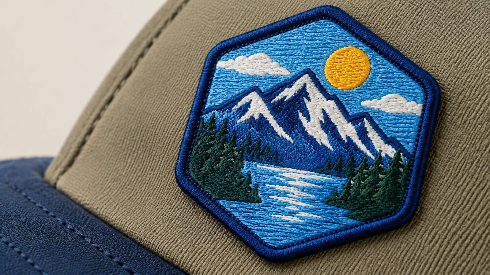 Patch em boné de tecido Close de um patch bordado com cena de montanha em um boné de tecido verde-oliva