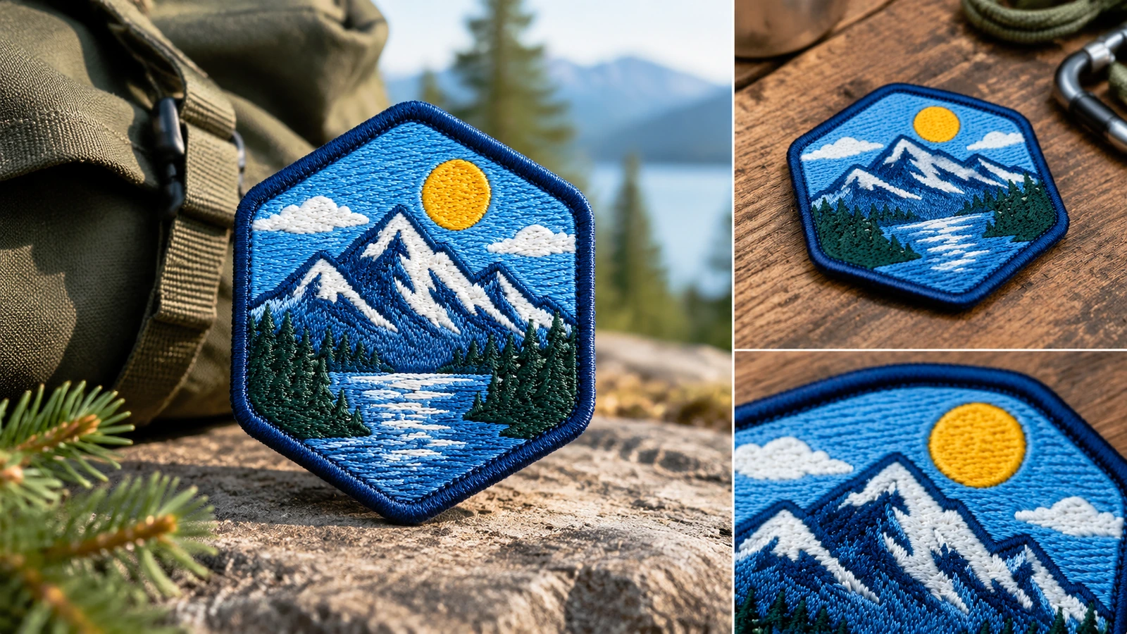Colagem de patch de montanha e detalhe do ponto Colagem de um patch de montanha ao ar livre, sobre madeira e em close de ponto