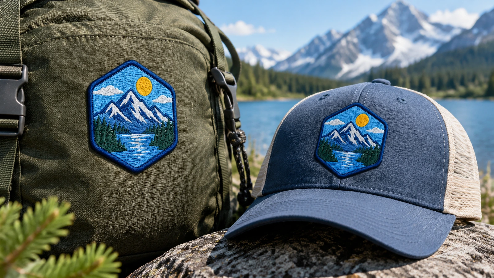 Patches de montanha em equipamentos para atividades ao ar livre Patches de montanha combinando em uma mochila e um boné ao lado de um lago