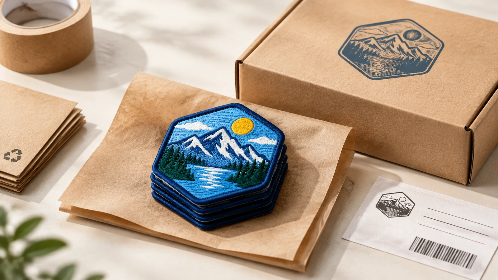 Patches bordados e materiais de embalagem Patches bordados empilhados sobre papel kraft ao lado de uma caixa e de uma etiqueta de embalagem