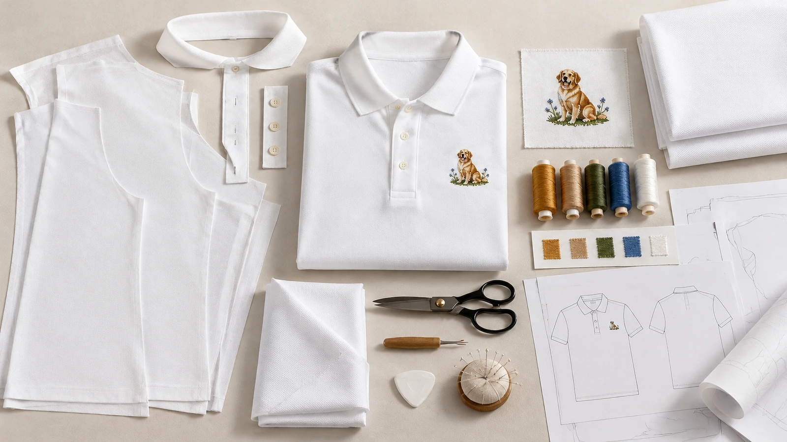 Camisa polo branca, retalhos de tecido, carretéis de linha de bordado, tesoura e uma amostra com desenho de cachorro sobre uma bancada de trabalho