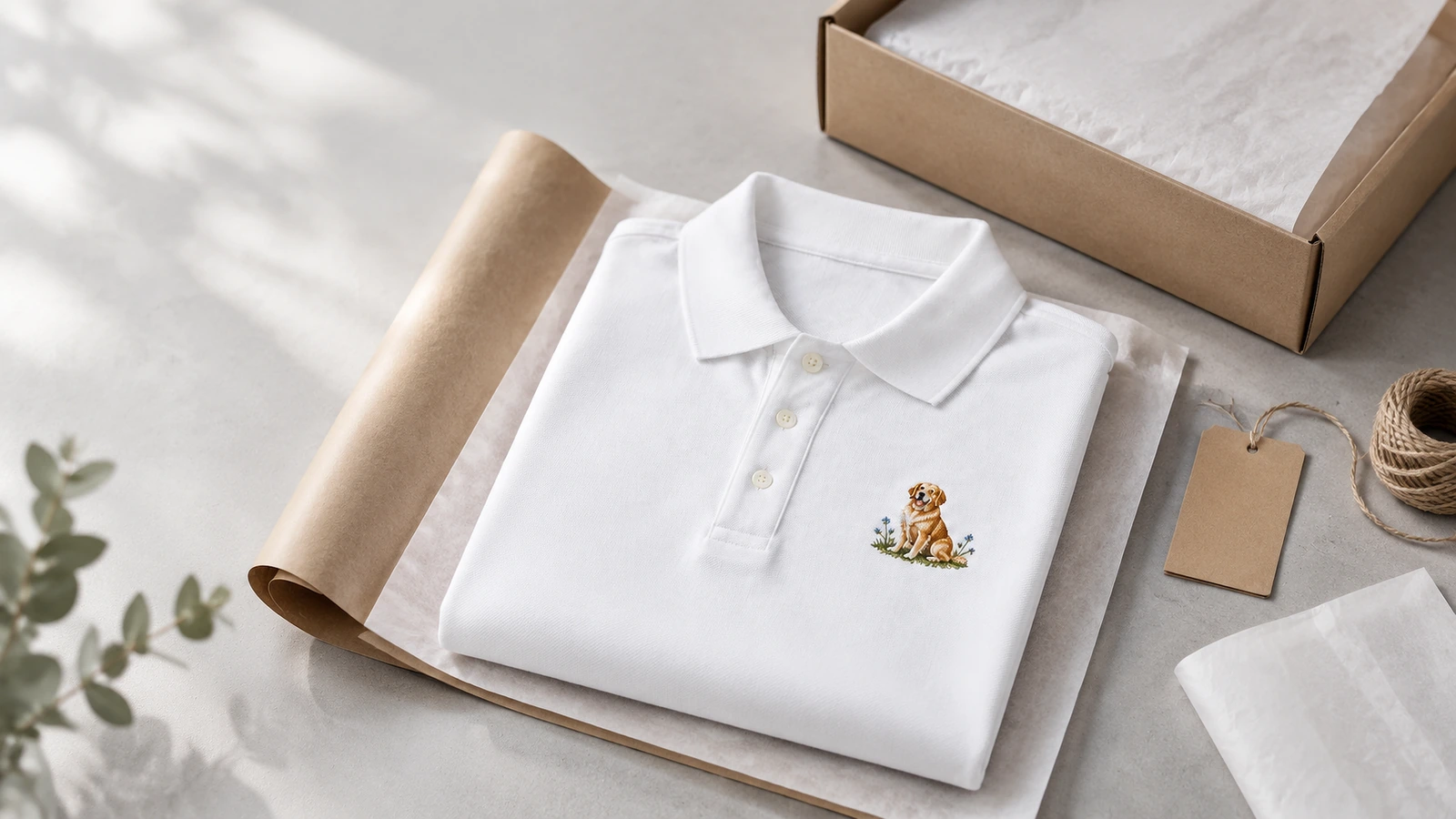 Polo branco bordado dobrado sobre papel kraft de embrulho, ao lado de uma caixa e de uma etiqueta em branco
