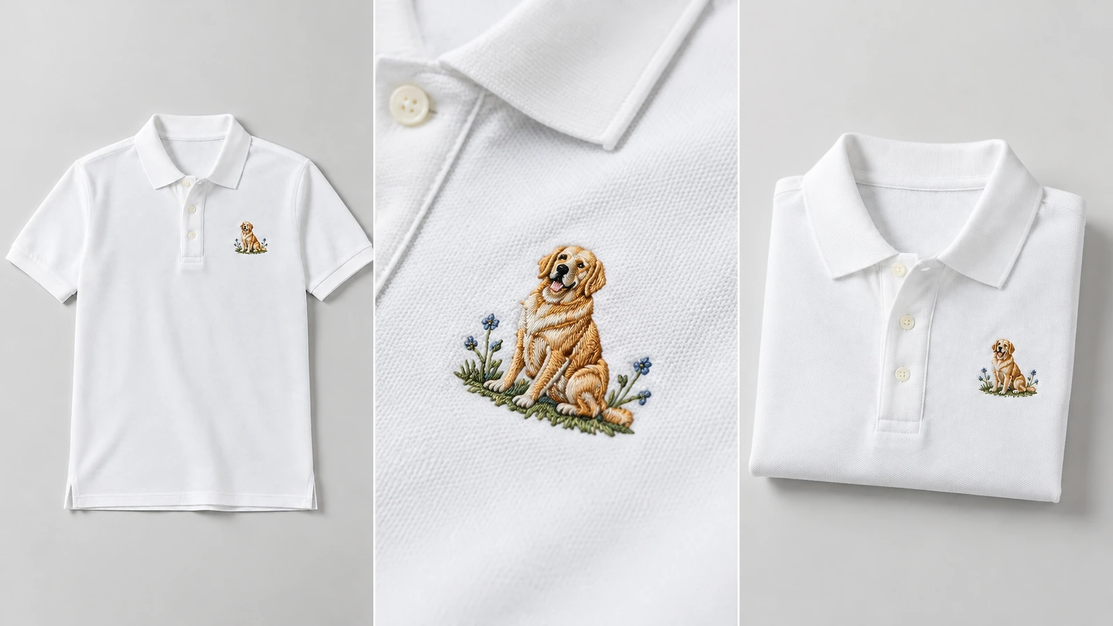 Colagem de um polo branco mostrado inteiro, dobrado e em close do bordado