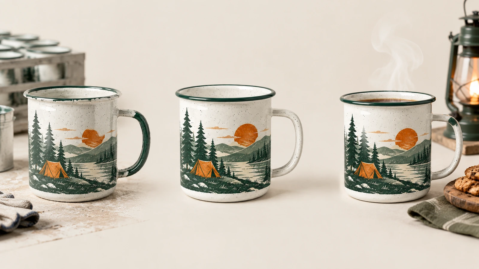 Canecas de acampamento em um cenário de café Três canecas com design de acampamento sobre um balcão, ao lado de equipamentos para café