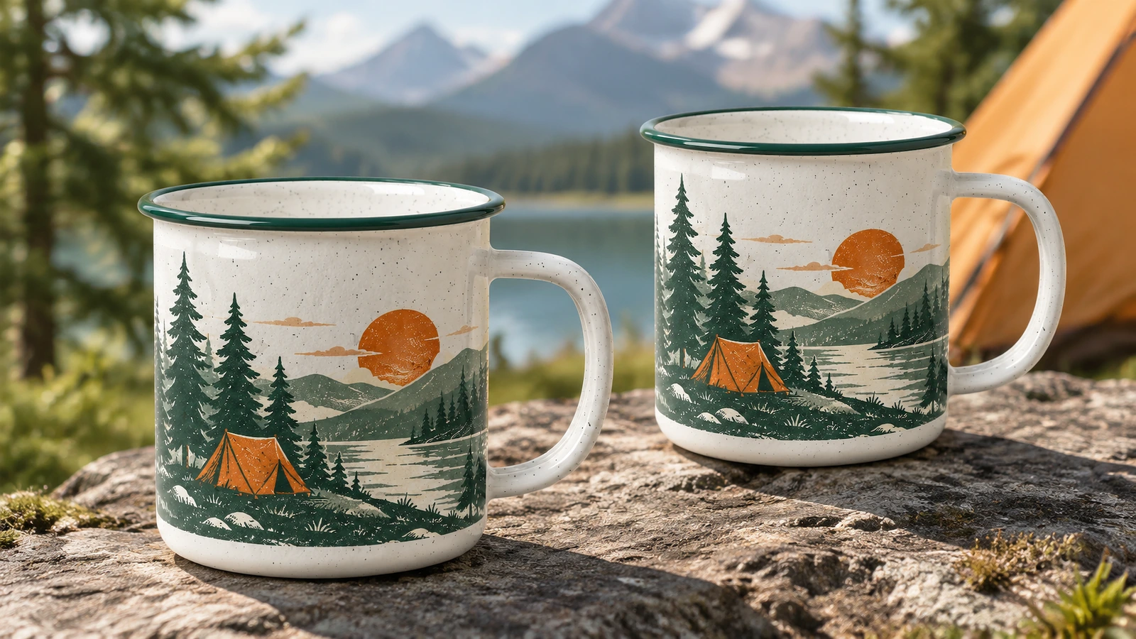 Canecas de esmalte em um acampamento Duas canecas com design de acampamento sobre uma pedra perto de um lago e de uma barraca