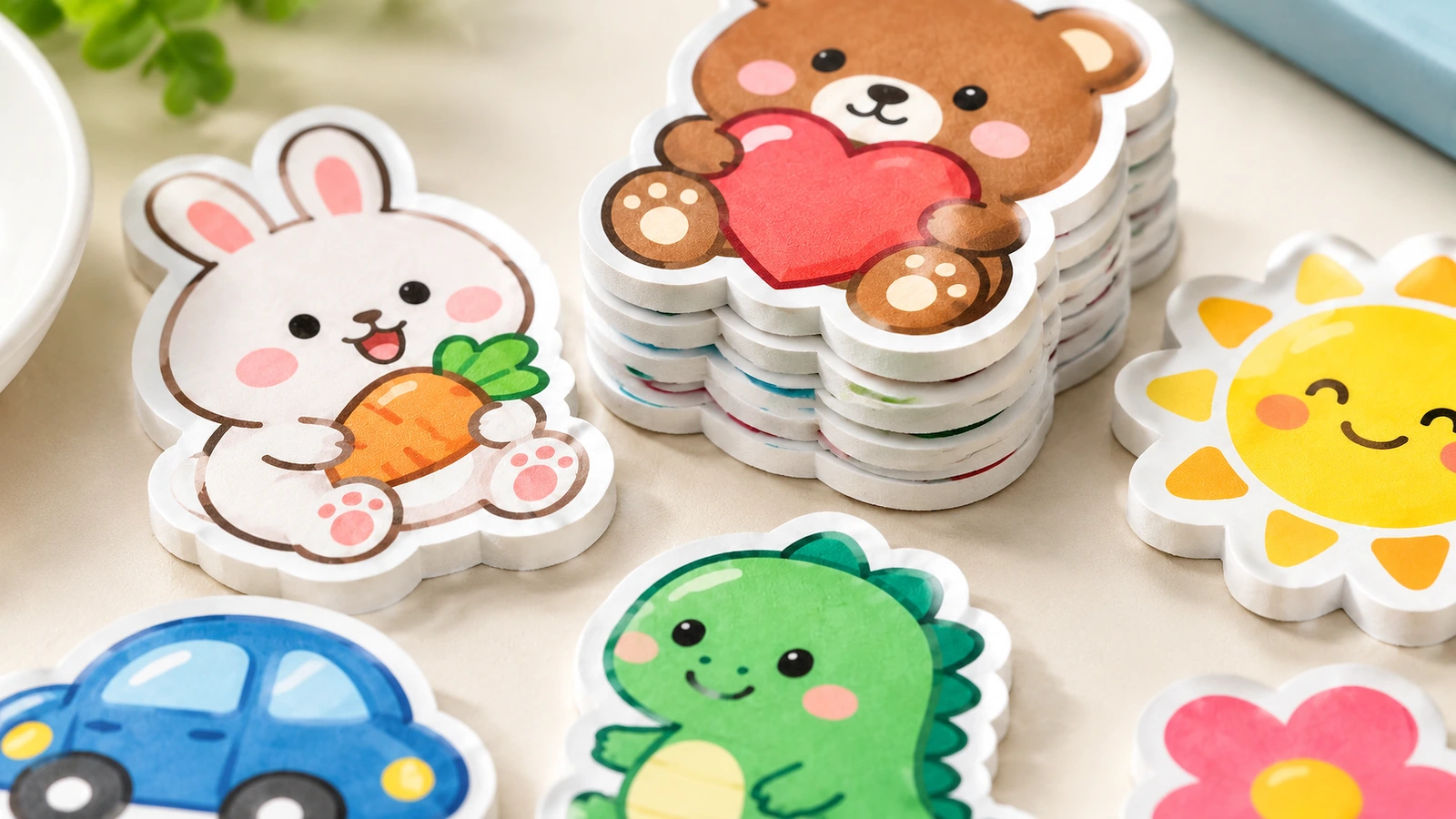 Designs coloridos de adesivos de espuma empilhados Close de adesivos de espuma em formato de urso e coelho empilhados, ao lado dos designs de sol, carro, dinossauro e flor