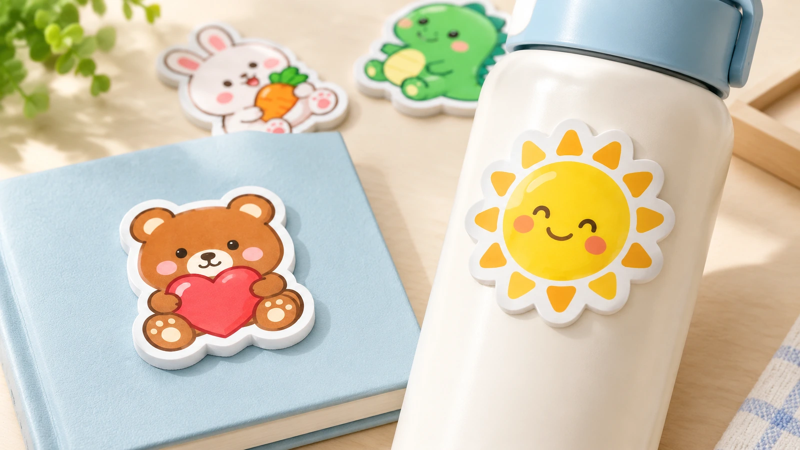 Adesivos de espuma sobre um caderno e uma garrafa Adesivo de espuma em formato de urso sobre um caderno azul e adesivo de espuma em formato de sol sobre uma garrafa branca