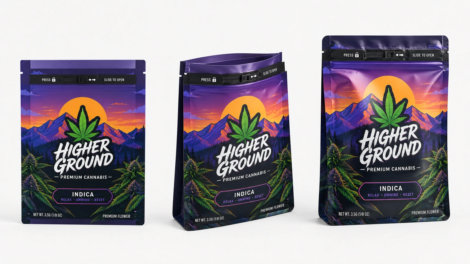 Três vistas de bolsas roxas com arte de montanha e folha de cannabis