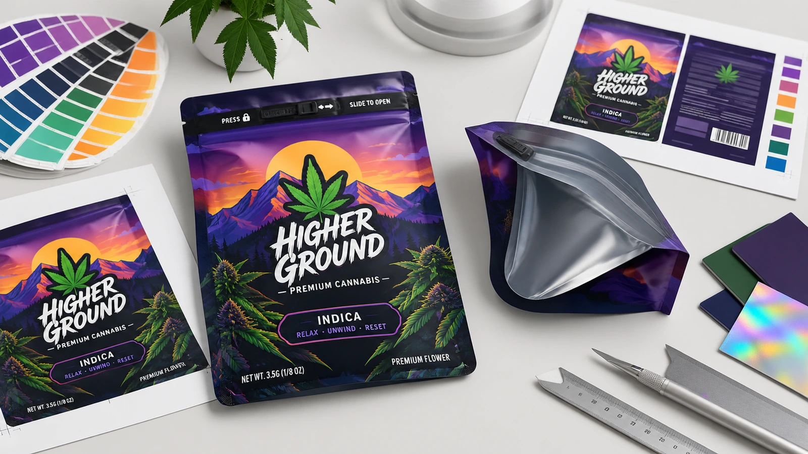 Bolsas roxas com temática de cannabis ao lado de arte impressa, amostras de cor e uma bolsa aberta mostrando o interior