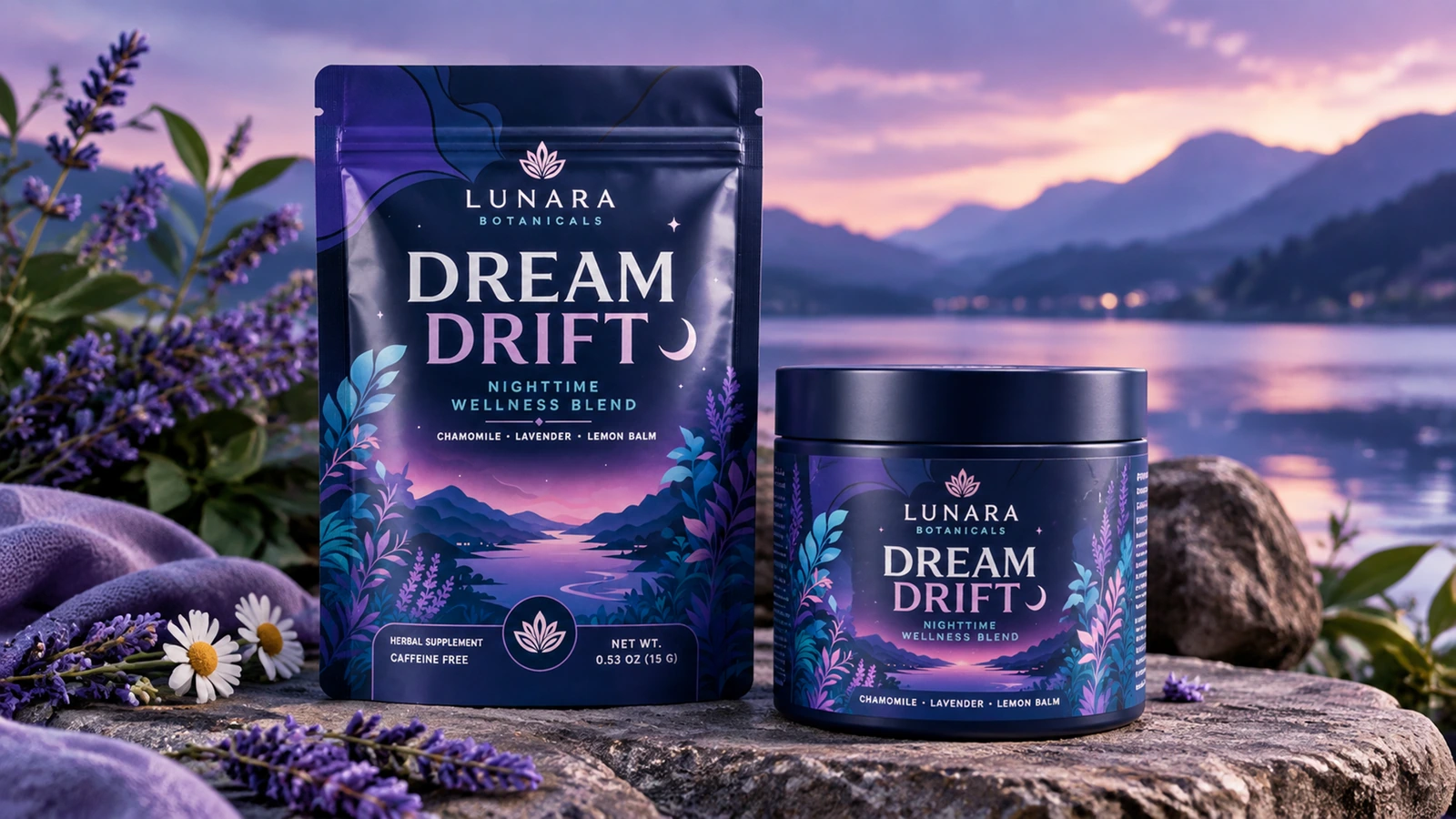 Sachê botânico roxo e pote combinando, expostos ao lado de um lago ao pôr do sol