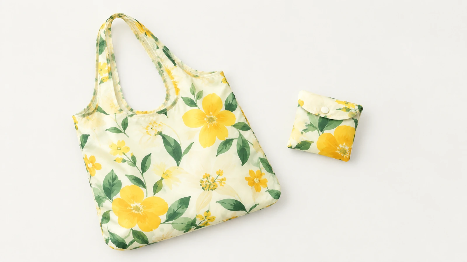 Sacola floral amarela aberta ao lado de uma bolsinha compacta dobrada e correspondente