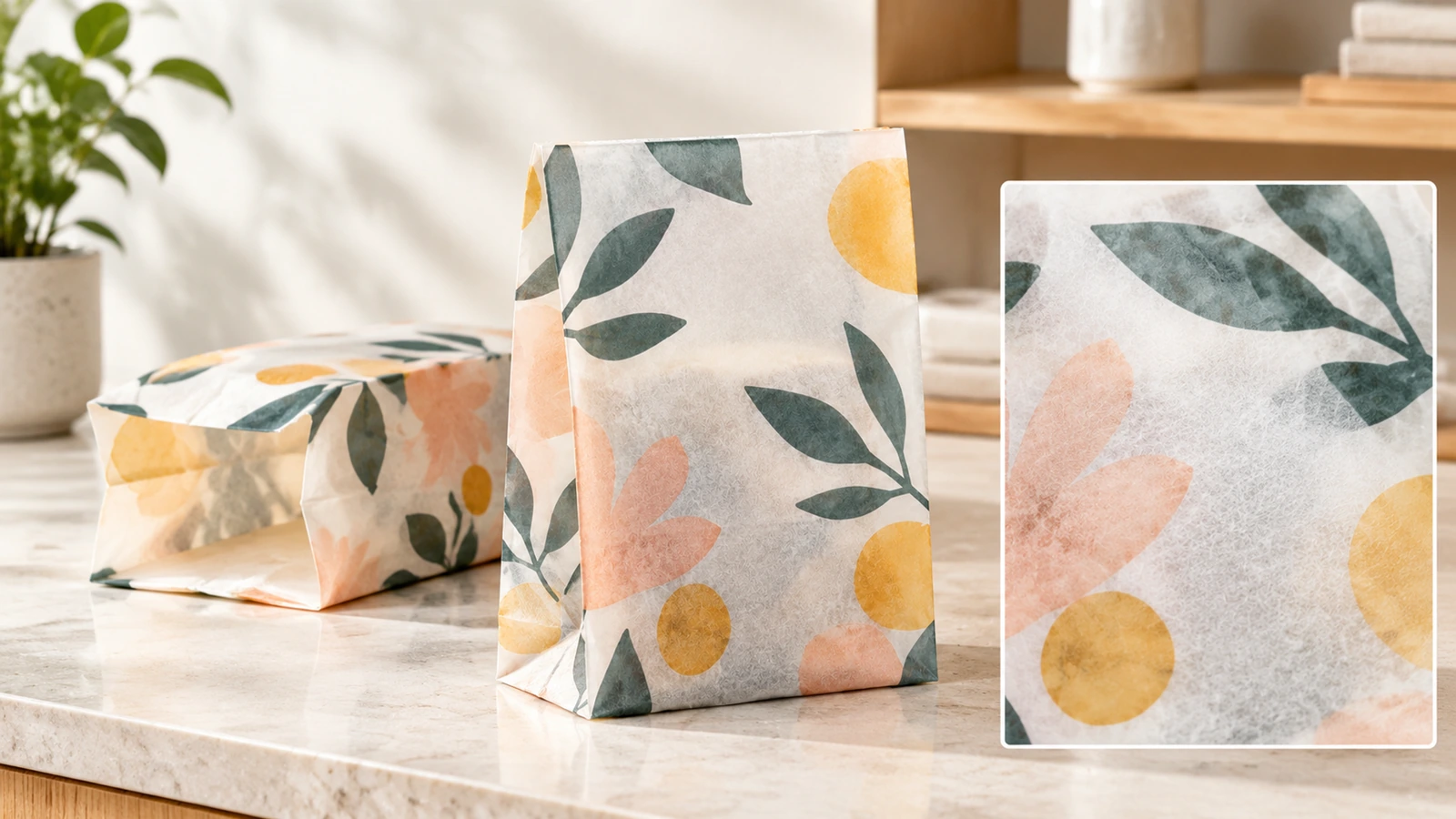 Sacola de papel impressa e detalhe da superfície Sacolas de papel com estampa floral, com um detalhe ampliado da superfície do papel em destaque