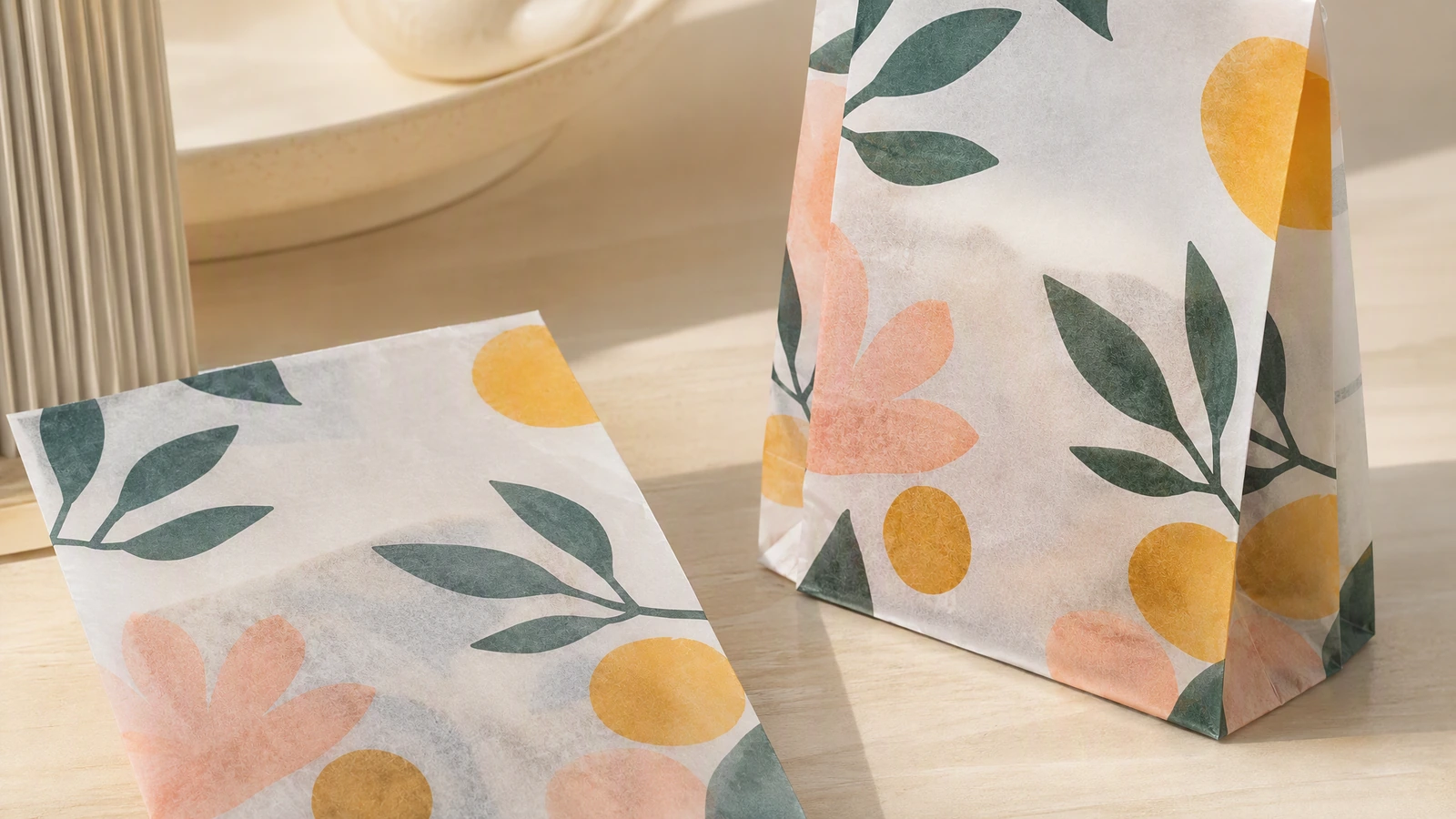 Exemplos de sacolas de papel planas e montadas Sacolas de papel com estampa floral, planas e em pé, sobre uma mesa de madeira