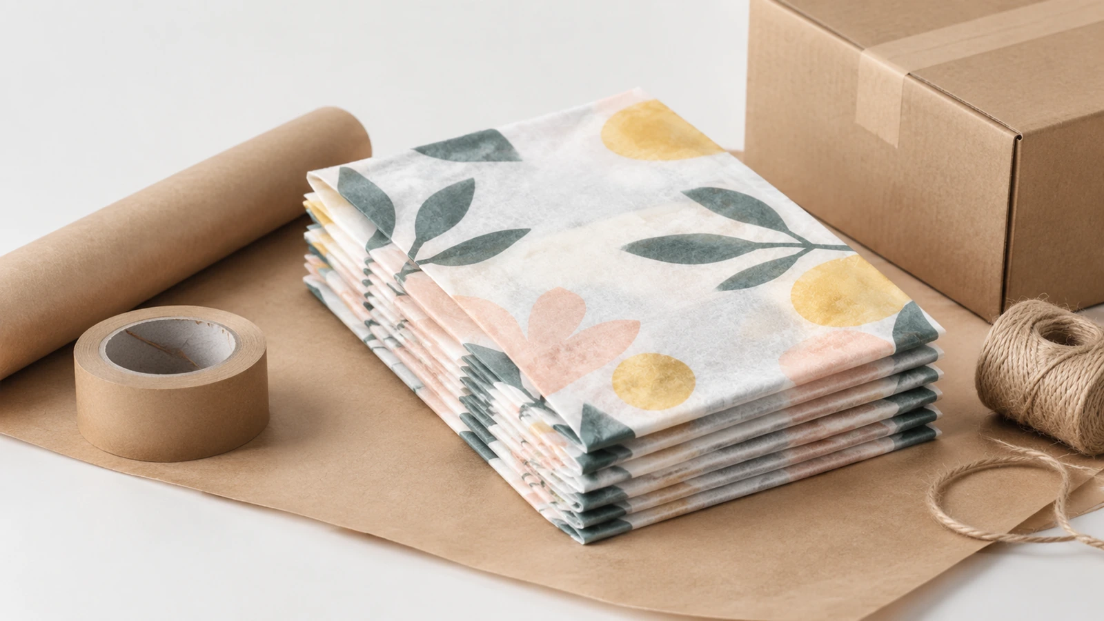Sacolas impressas e materiais de embalagem Pilha de sacolas com estampa floral ao lado de fita adesiva, barbante e uma caixa de papelão