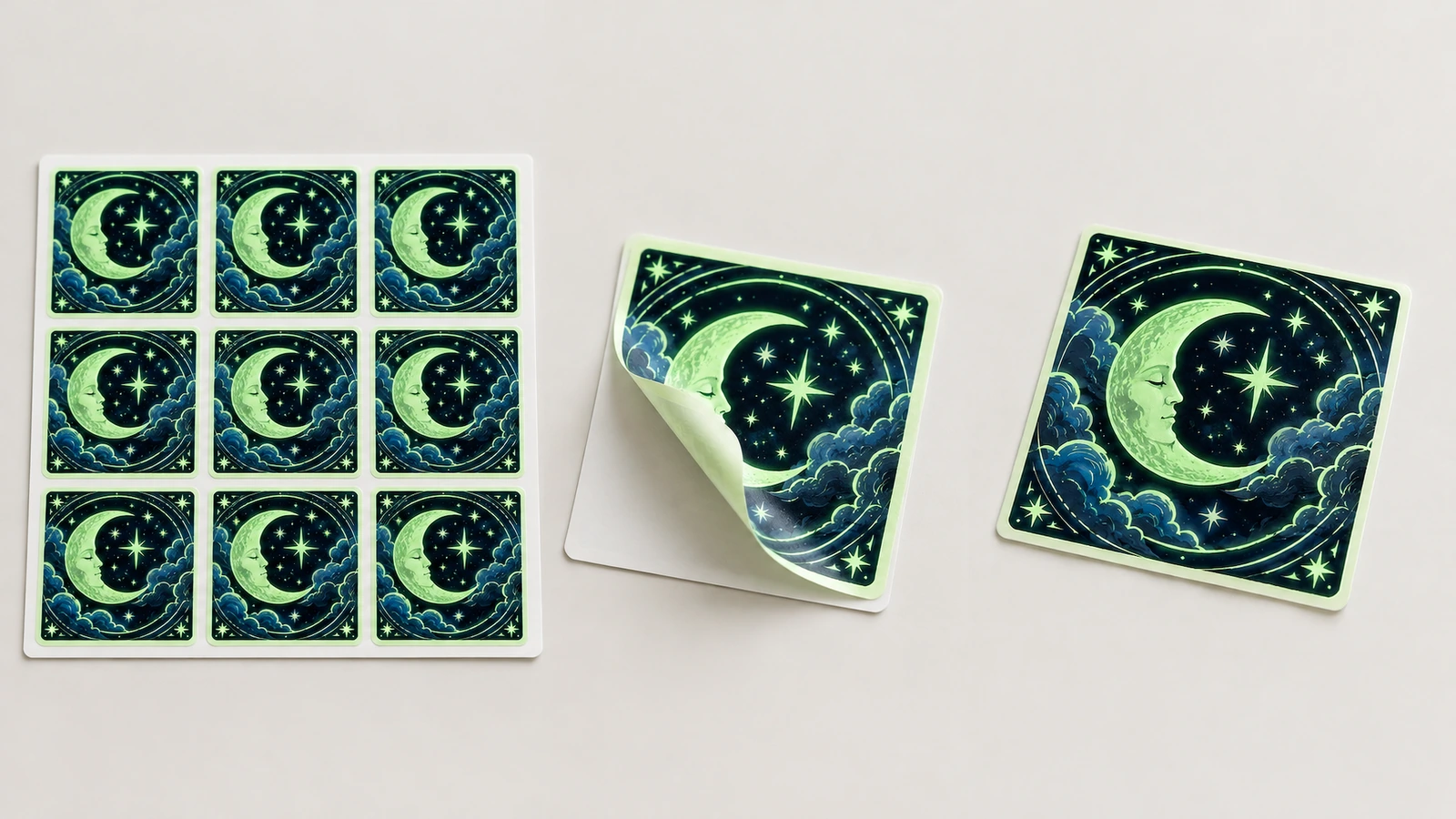 Uma folha com nove adesivos de lua e estrelas ao lado de dois adesivos separados, com um canto levantado do papel de base