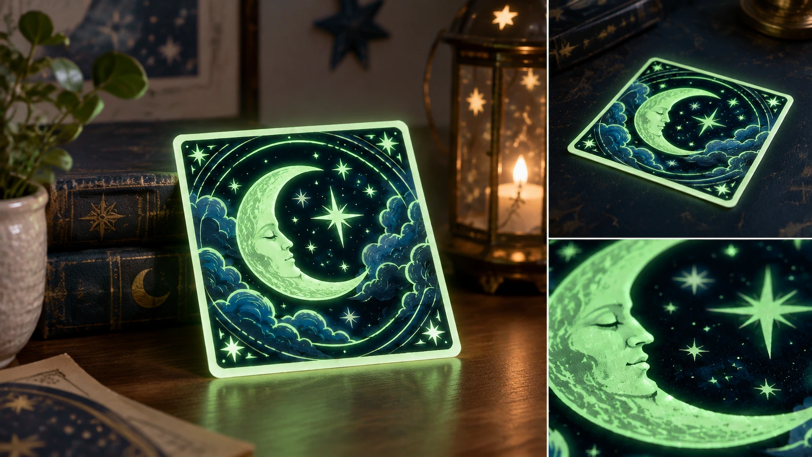 Colagem de um adesivo verde de lua e estrelas em um ambiente com pouca luz, com vistas em close