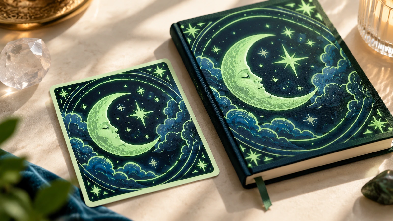 Adesivo de lua e estrelas ao lado de um caderno com arte celeste combinando