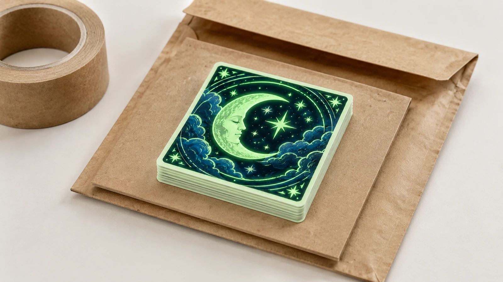 Pilha de adesivos quadrados de lua e estrelas sobre um envelope kraft, ao lado de um rolo de fita marrom