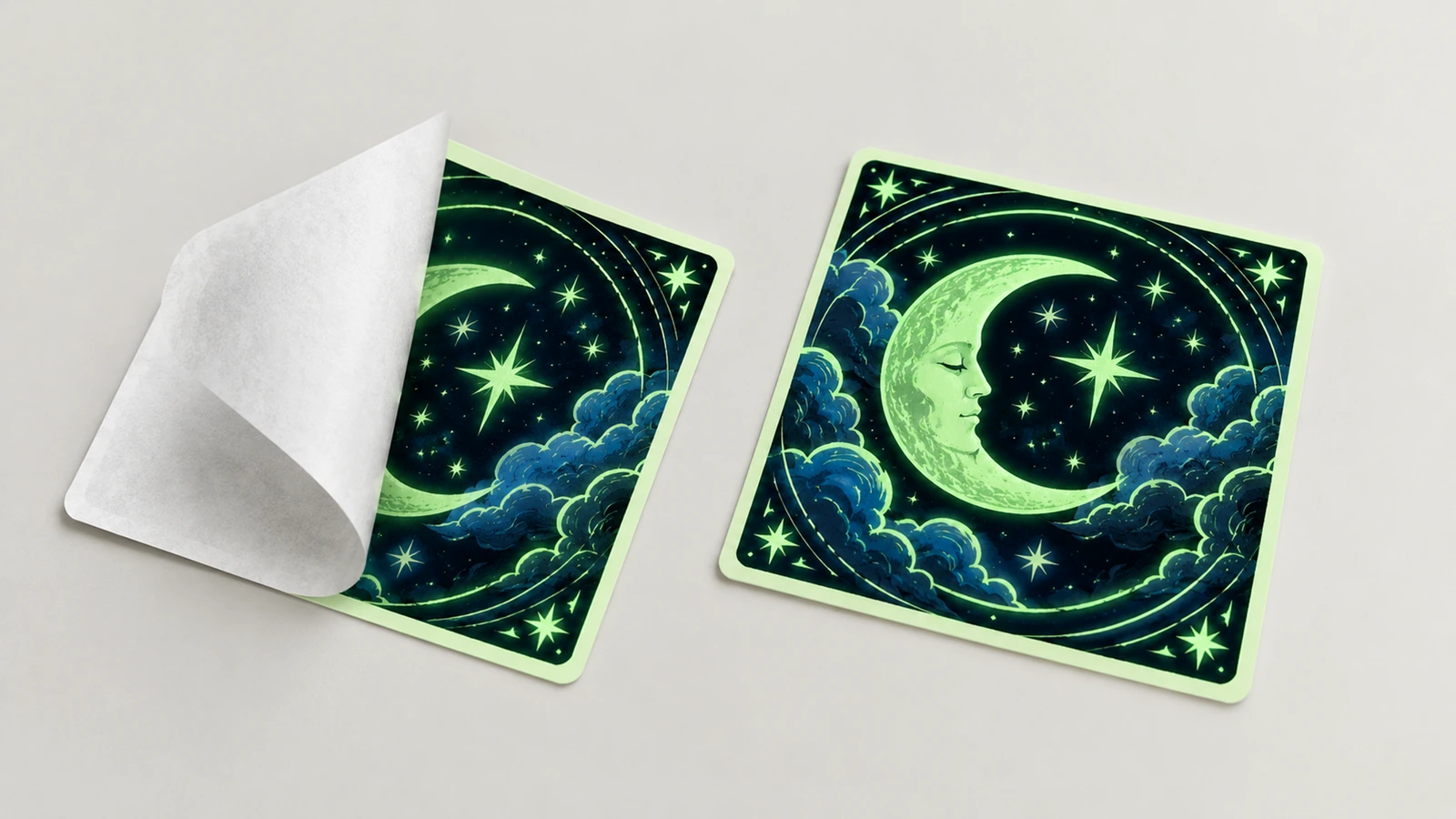 Dois adesivos quadrados de lua e estrelas, um com o papel de base branco parcialmente destacado