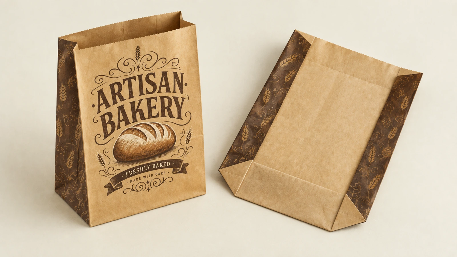 Vistas frontal e traseira de saco de papel para panificação Vistas frontal e traseira de sacos de papel marrons ARTISAN BAKERY com painéis laterais estampados