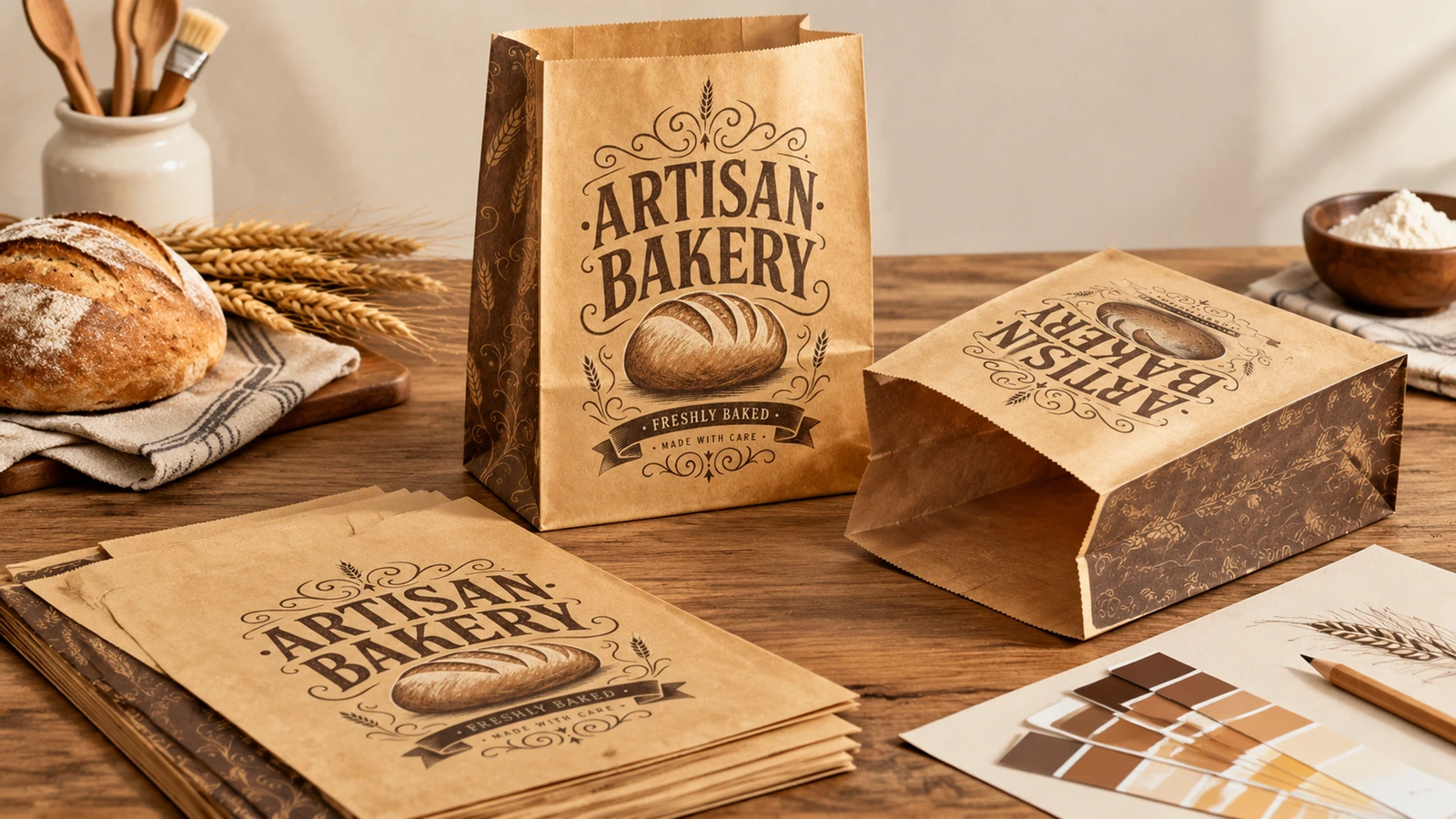 Associe os requisitos do saco de padaria ao alimento e ao cenário de retirada Cena ilustrativa de compra para padaria com amostras de sacos de papel impressos ao lado de produtos de pastelaria