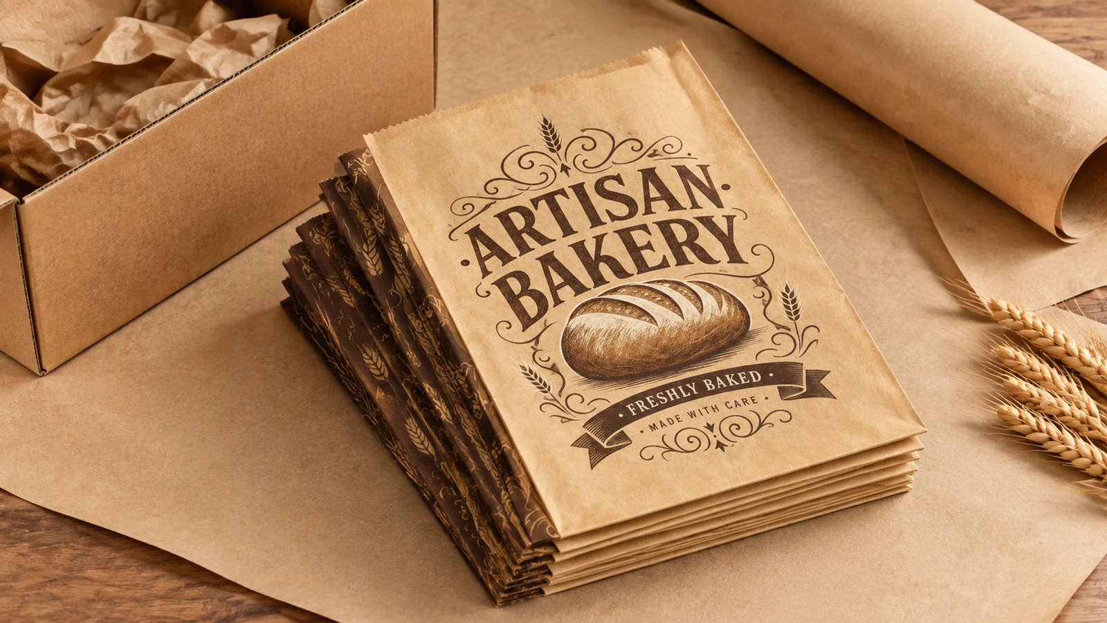 Sacos de panificação planos e materiais de embalagem Pilha de sacos ARTISAN BAKERY planos ao lado de uma caixa de papelão, papel de embrulho e trigo