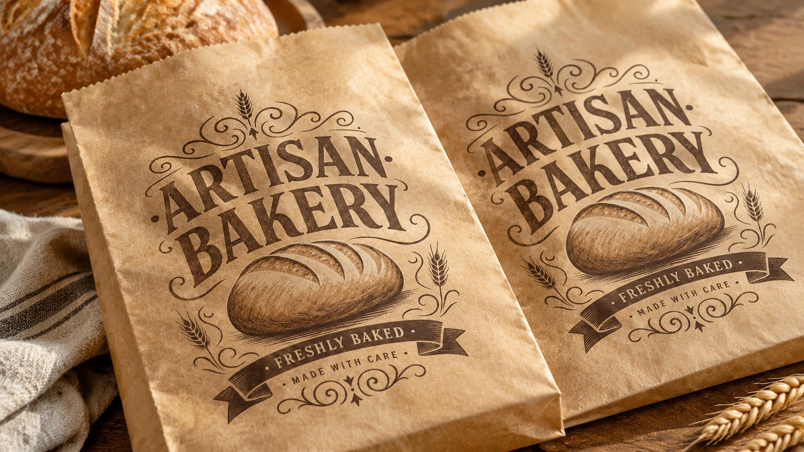 Sacos de panificação ao lado de pão Dois sacos marrons ARTISAN BAKERY ao lado de pão e trigo