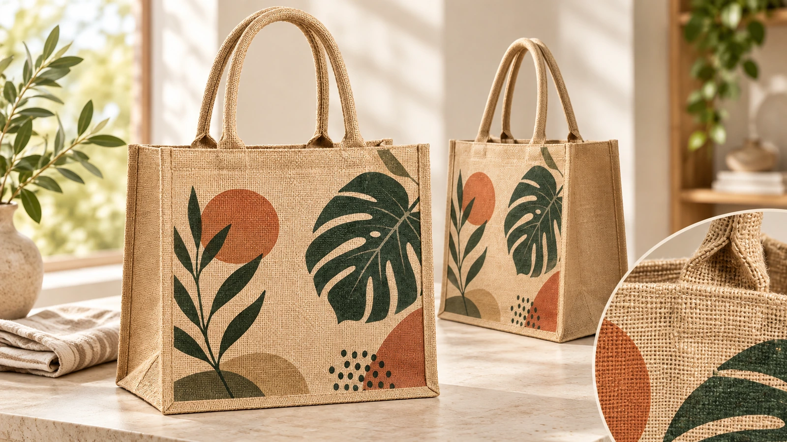 Colagem de sacola de juta e detalhe do tecido Colagem de duas sacolas de juta impressas, com um close circular da trama tecida e da arte