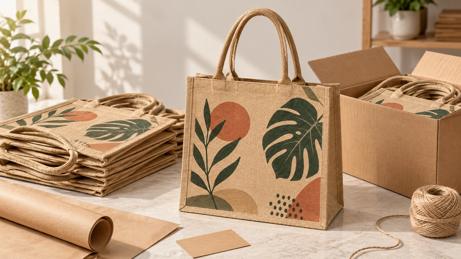 Sacolas de juta com materiais de embalagem Sacolas de juta impressas, empilhadas e embaladas ao lado de uma caixa aberta, papel kraft e barbante