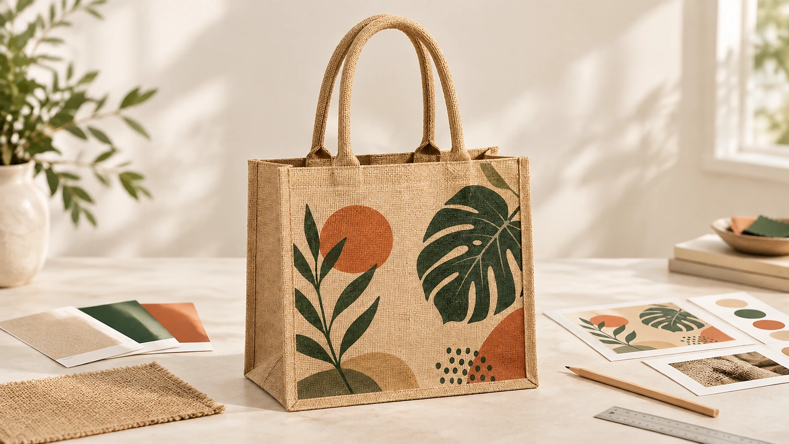 Exibição de design de sacola de juta impressa Sacola de juta com folha verde e arte em terracota ao lado de amostras de tecido e de cor