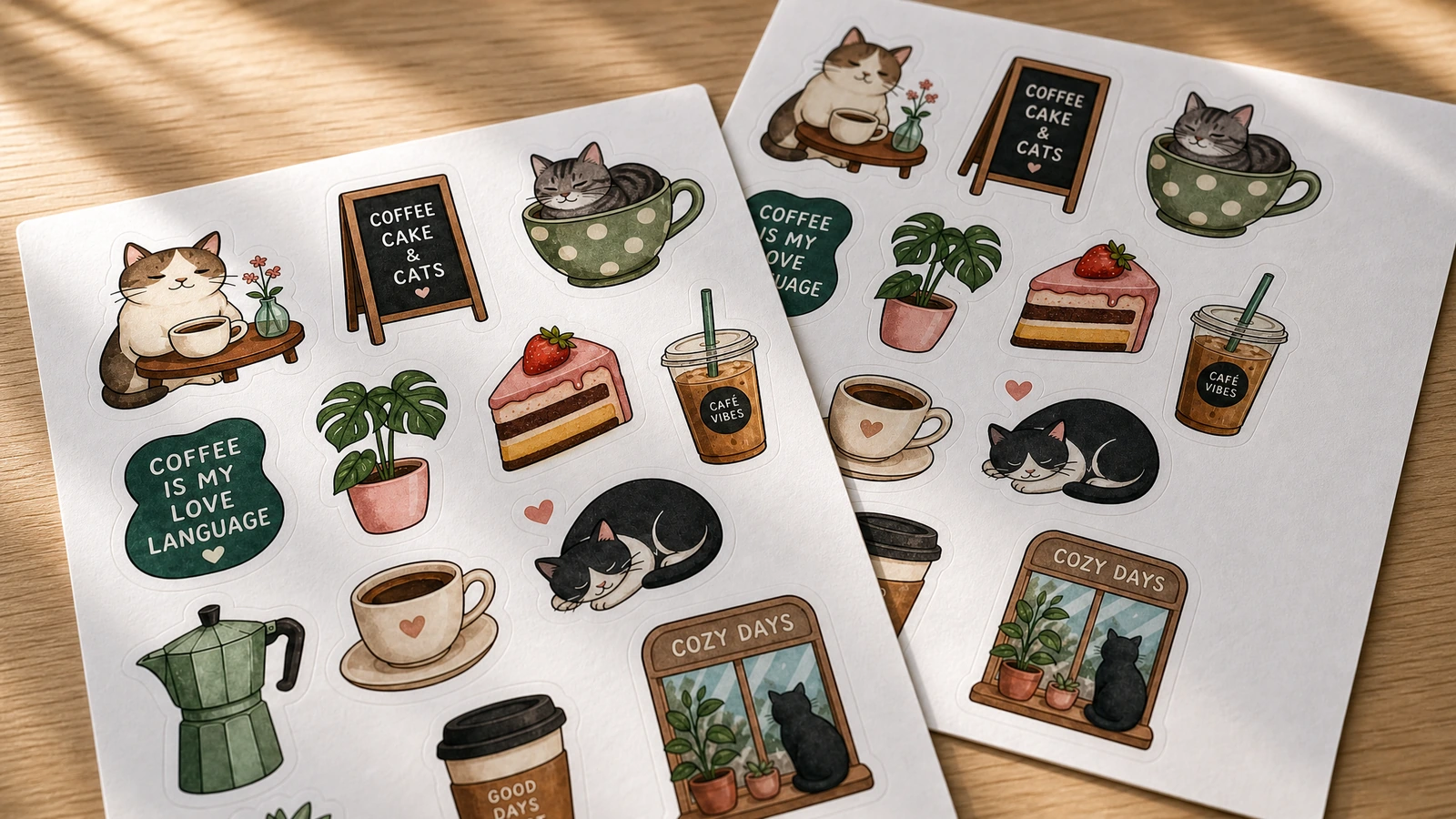 Folhas de adesivos de gato e café sob a luz do sol Duas folhas de adesivos com tema de gato e café sobrepostas sob a luz do sol