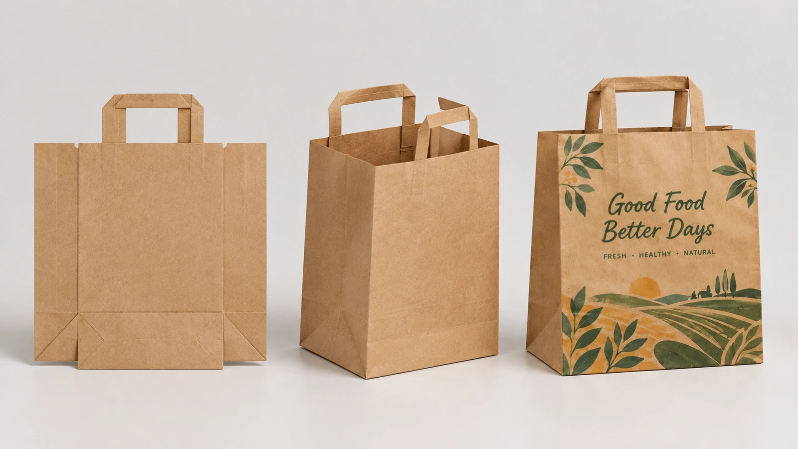 Exemplos de montagem de sacos de papel com alças planas Peça plana, peça conformada e saco de papel com alças planas impresso, exibidos em sequência