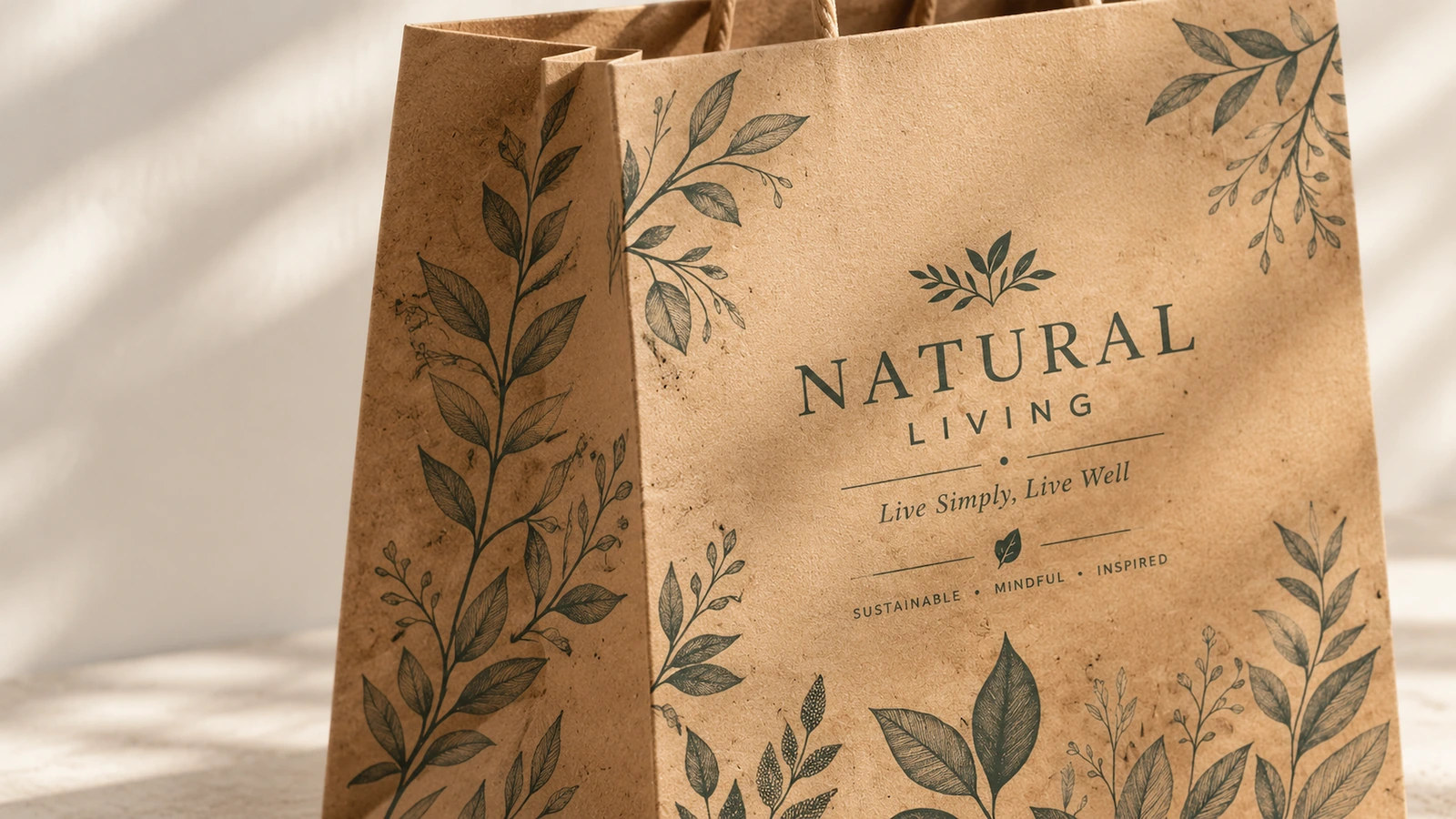 Saco de papel marrom com estampa de folhas Detalhe em close de um saco de papel marrom impresso com folhas e a inscrição NATURAL LIVING