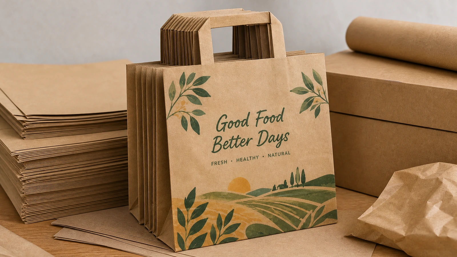 Sacos de papel com alças planas e caixas de embalagem Sacos de papel marrons com alças planas e gráficos Good Food Better Days, ao lado de caixas de embalagem