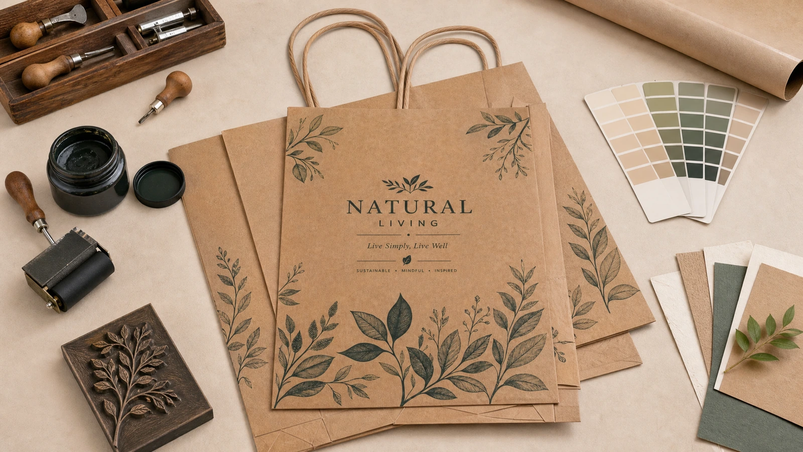 Sacos de papel marrons com estampa de folhas e materiais de impressão Sacos de papel marrons com estampa de folhas e alças torcidas, ferramentas de impressão e amostras de cor sobre uma bancada de trabalho