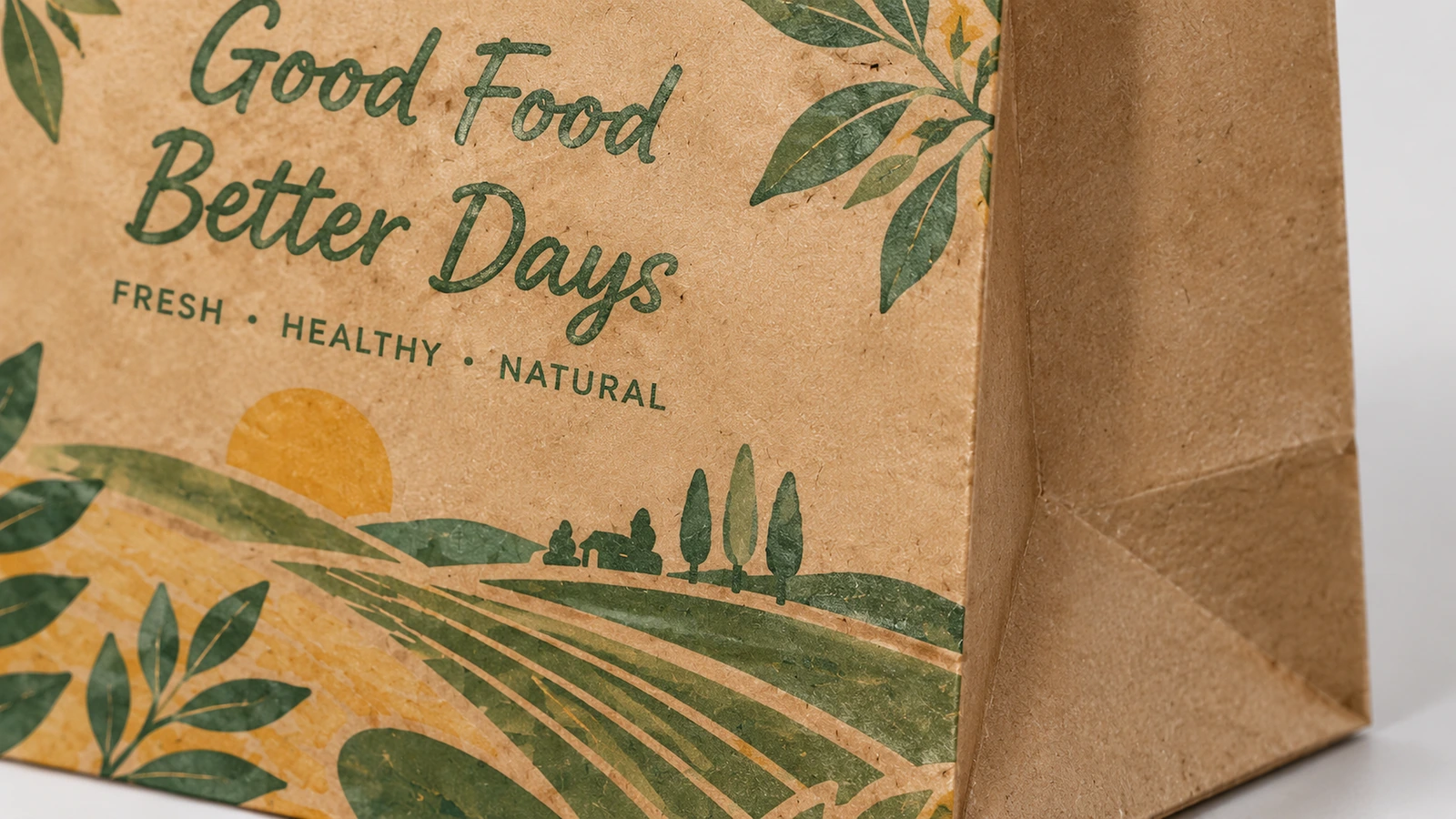 Superfície de papel pardo impressa Close-up das letras de Good Food Better Days e dos gráficos de paisagem campestre em papel pardo