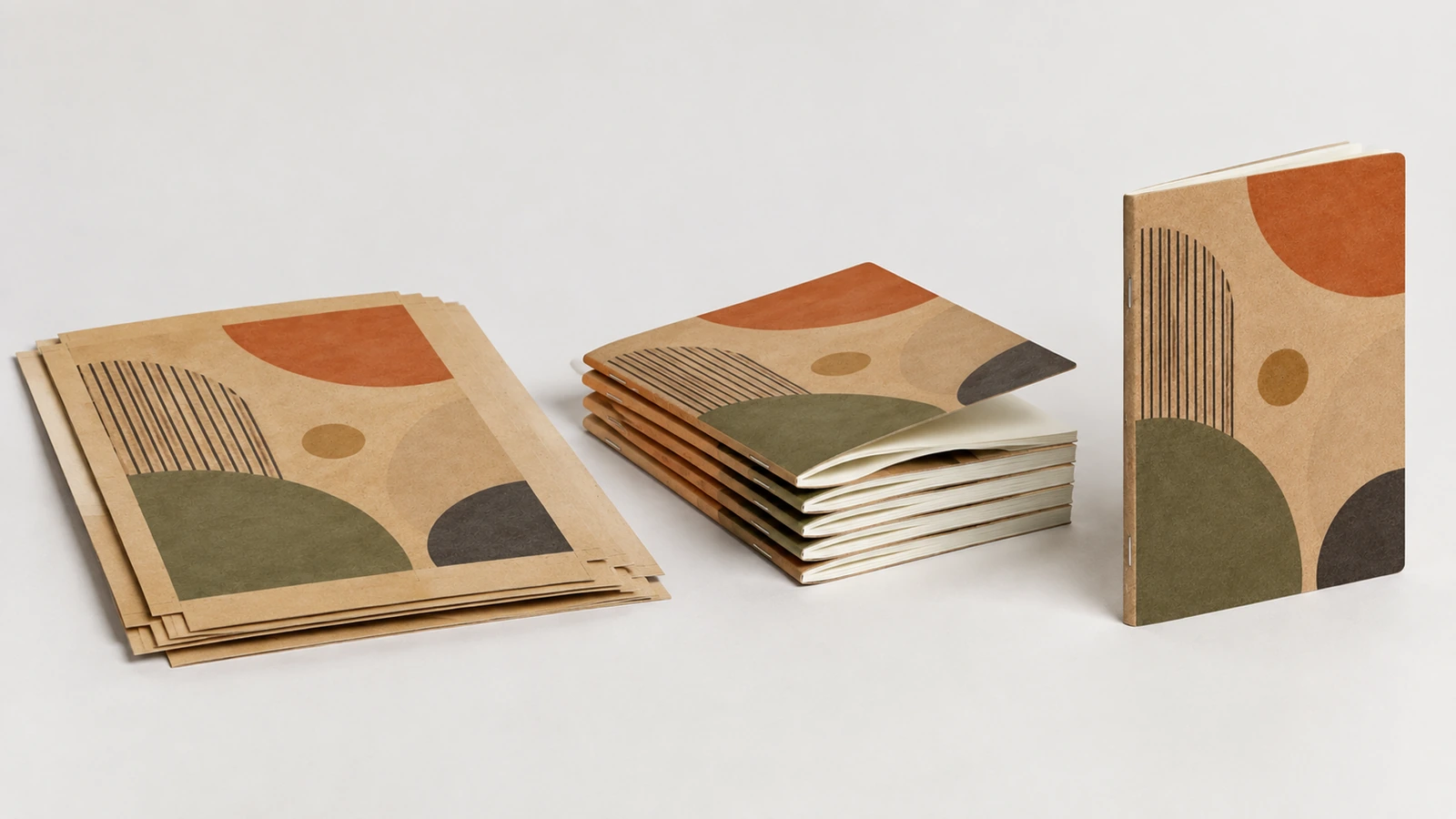 Capas planas ilustrativas, cadernos empilhados e um caderno em pé com padrão geométrico