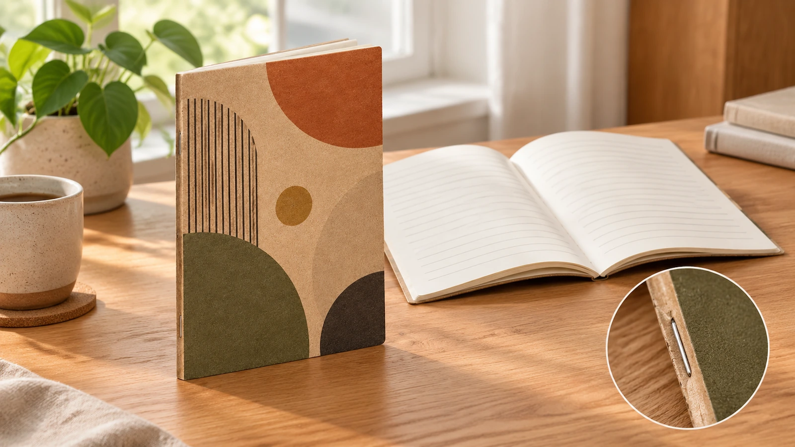 Caderno kraft em pé ilustrativo, ao lado de um caderno pautado aberto com detalhe ampliado do grampo