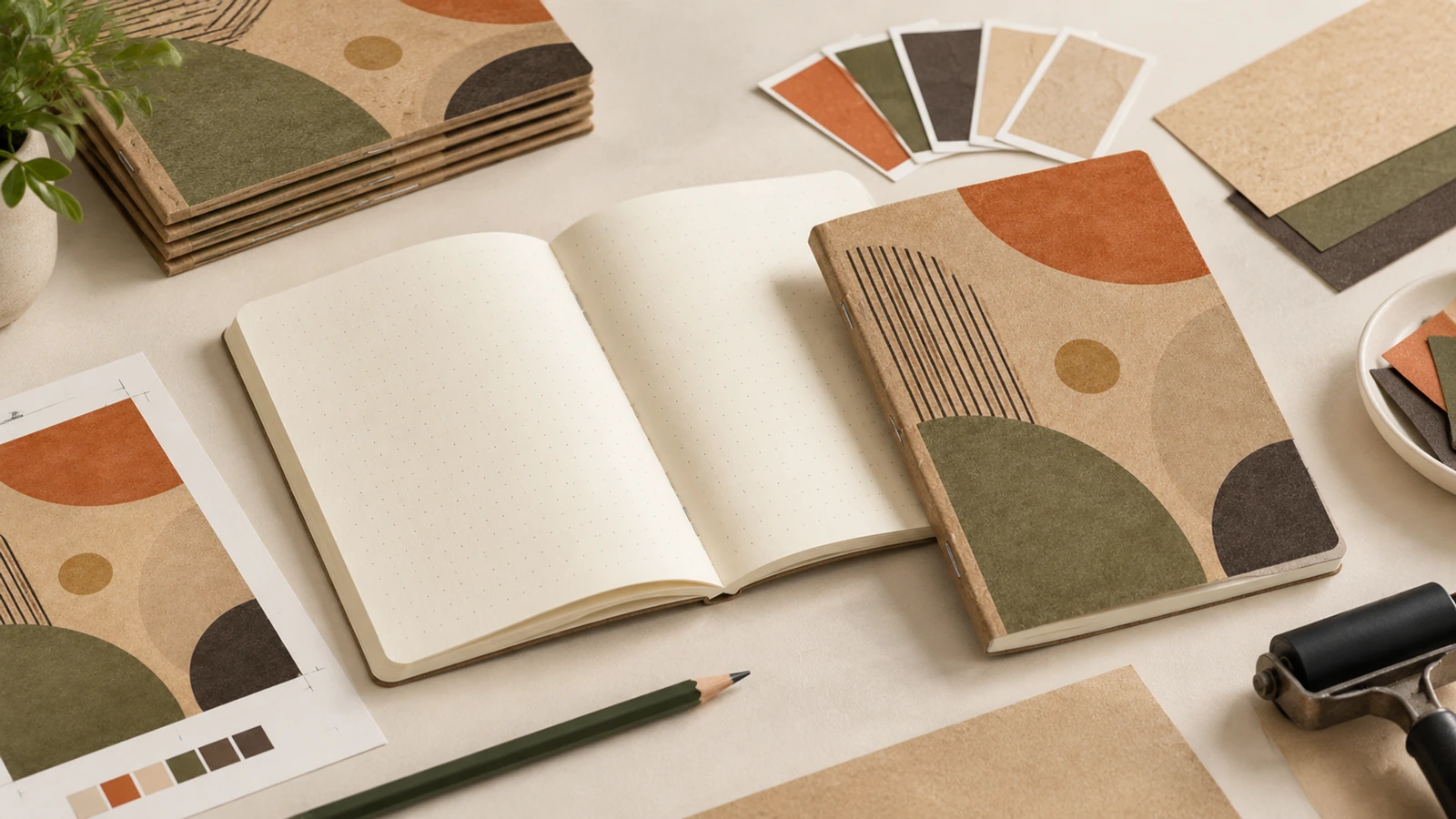 Caderno kraft ilustrativo com padrão geométrico e caderno aberto em branco, ao lado de arte final e referências de cor