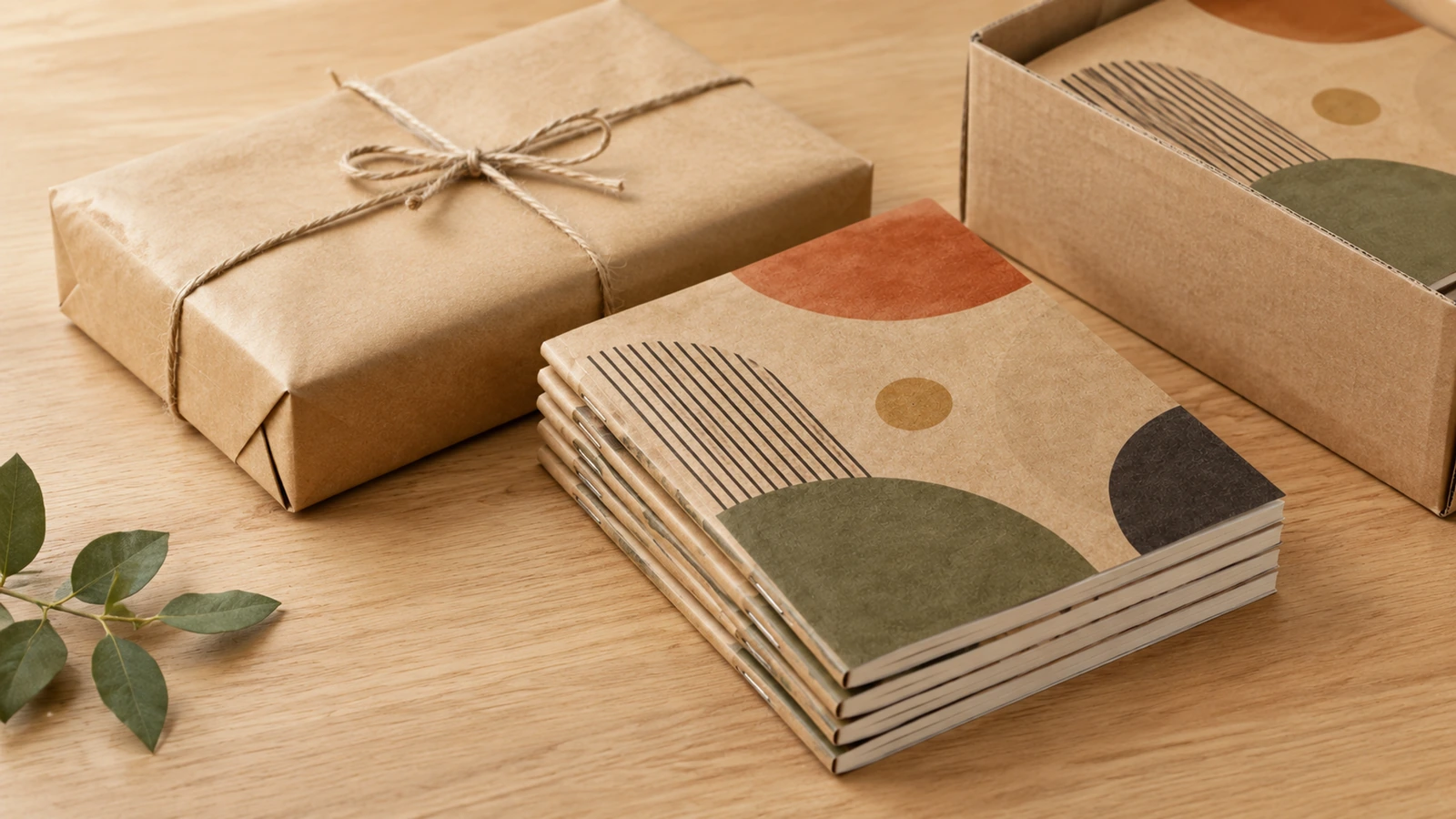 Cadernos kraft empilhados ilustrativos, ao lado de um pacote embrulhado em papel e de uma caixa de papelão aberta