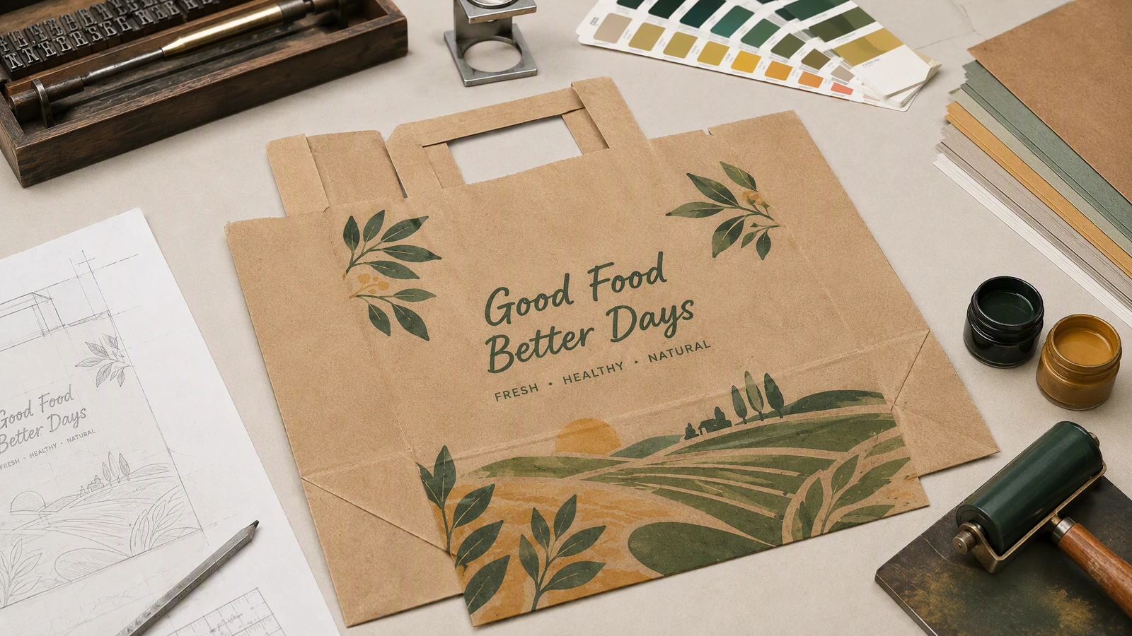 Arte do saco de alças planas e materiais de impressão Saco de papel pardo liso com arte Good Food Better Days, ao lado de um desenho, tintas e amostras de cor