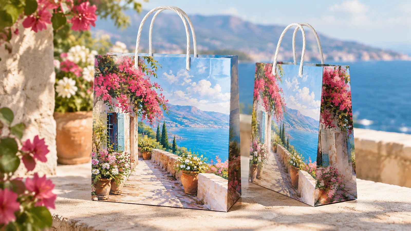 Duas sacolas de compras impressas com paisagem costeira expostas em um terraço