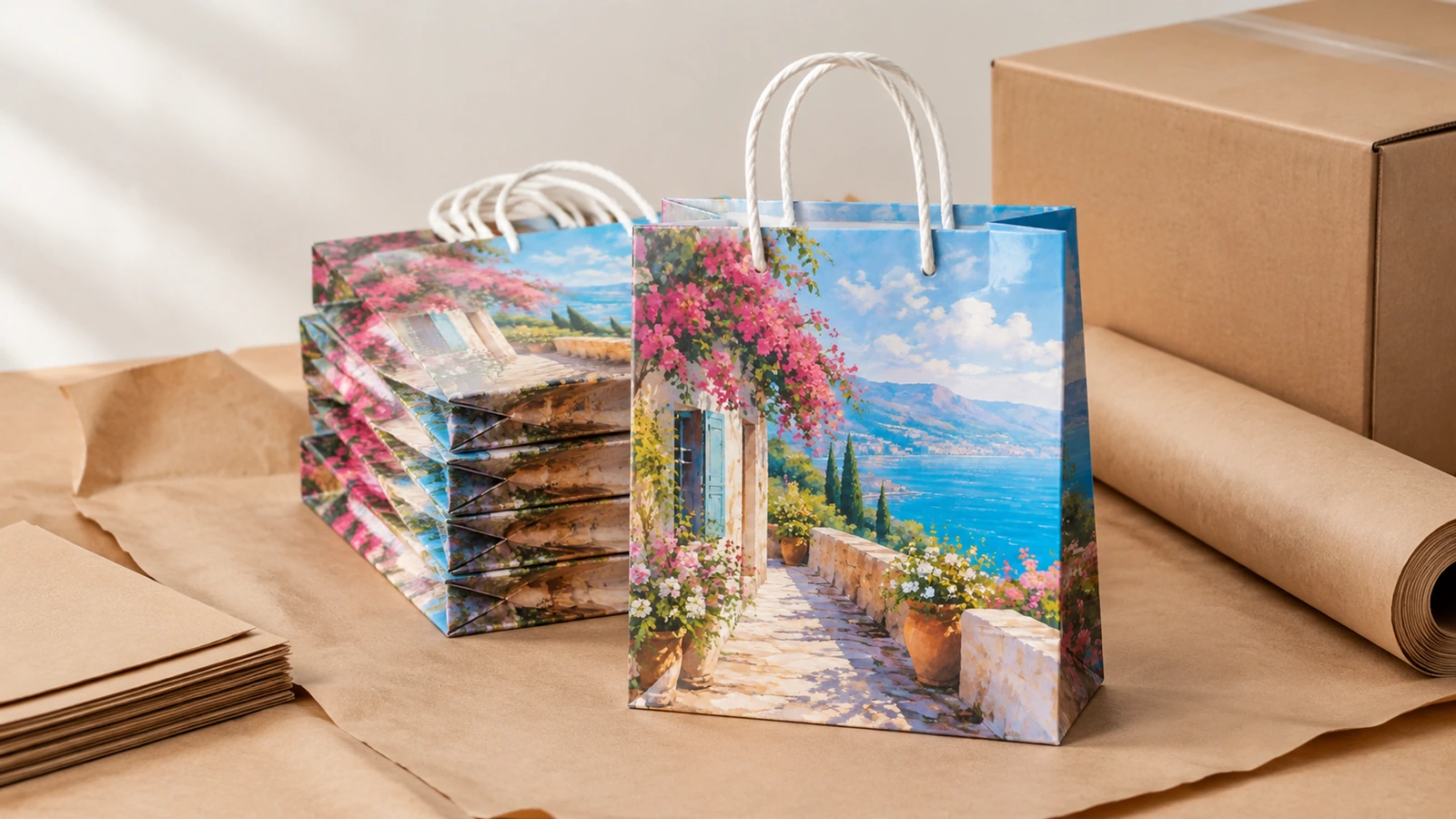Sacola de compras impressa e sacolas planas empilhadas ao lado de uma caixa de papelão e papel de embalagem