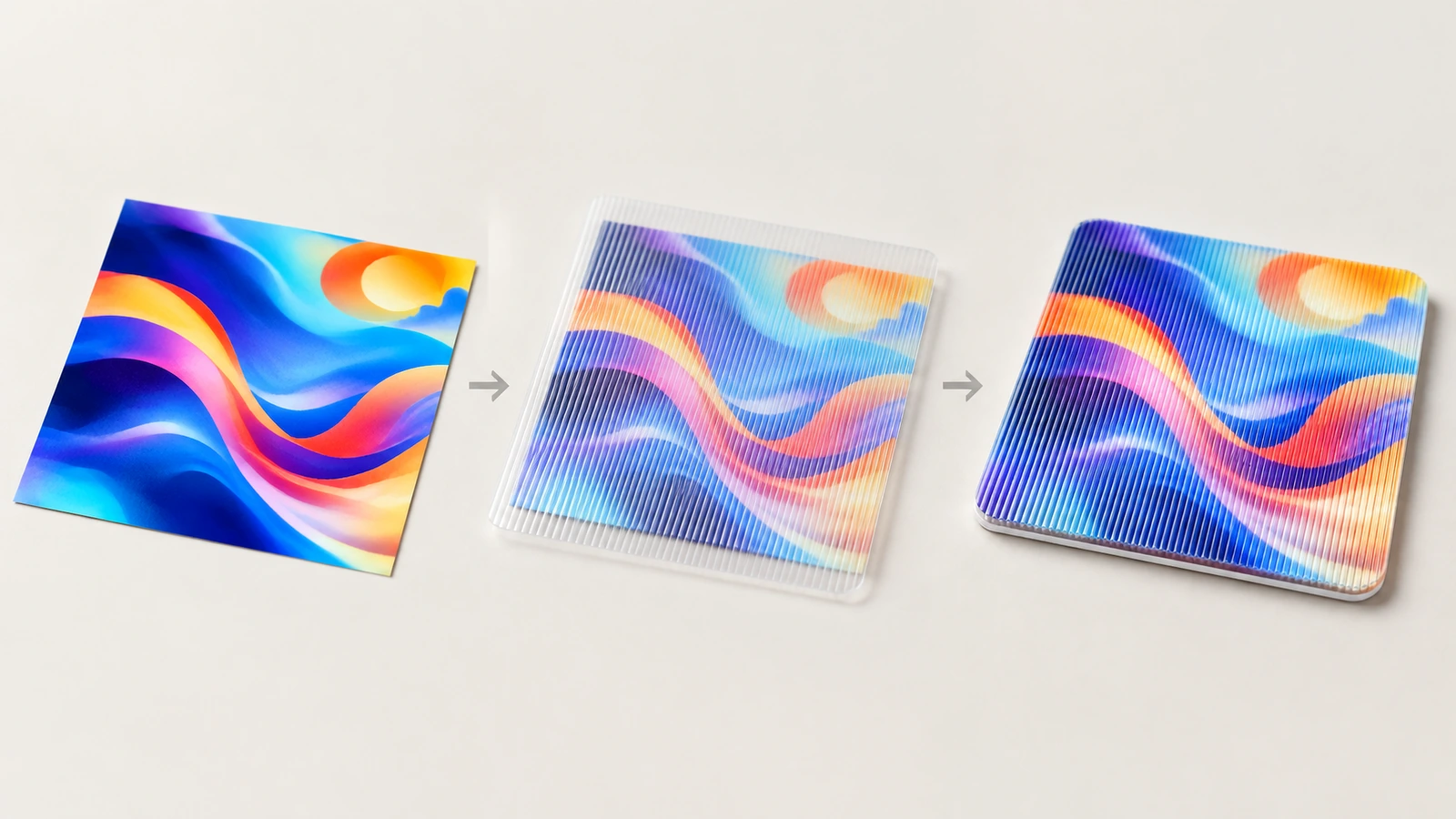 Ilustração em três etapas mostrando arte de ondas coloridas, uma camada transparente estriada e uma amostra lenticular finalizada