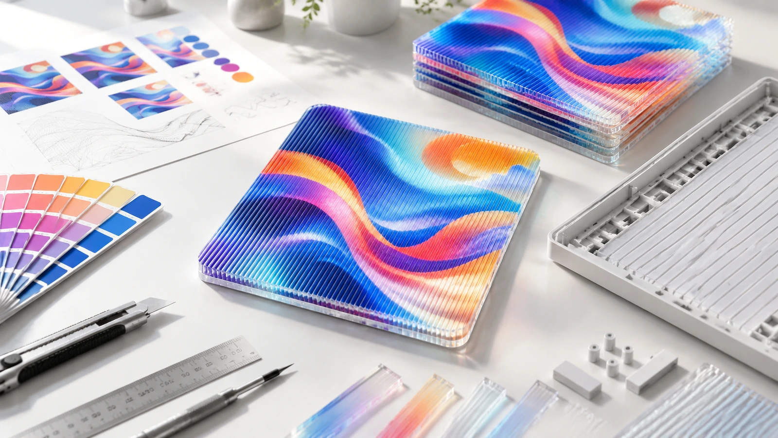 Amostras lenticulares quadradas e coloridas ao lado de amostras de cor, réguas e folhas de lente sobre uma mesa de design