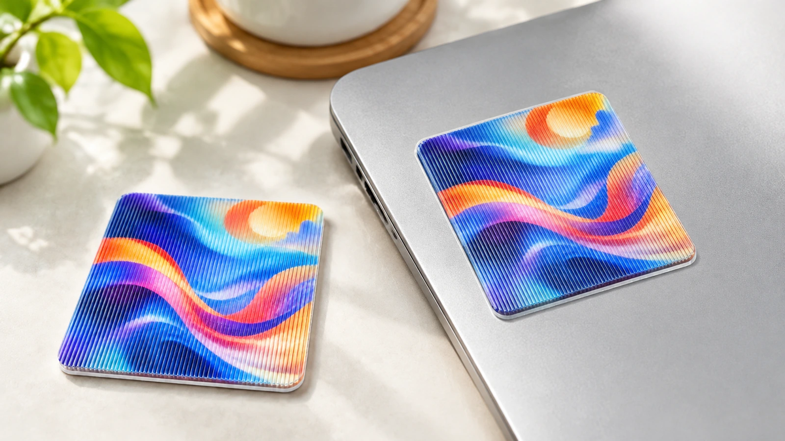 Amostras lenticulares quadradas coloridas sobre uma mesa e um laptop fechado